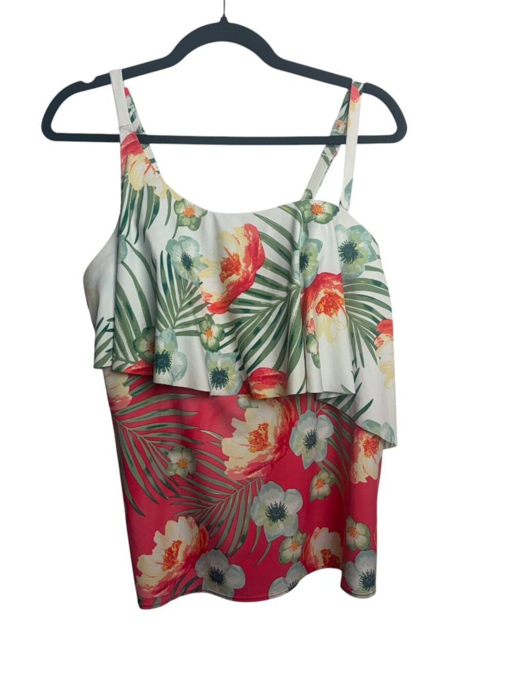 Cacique Size 14 Swimsuit Tankini Top Tropical Floral Ruffle Coral Beach Vacation